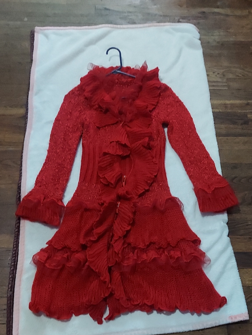 Red Ruffle Knit Long Cardigan